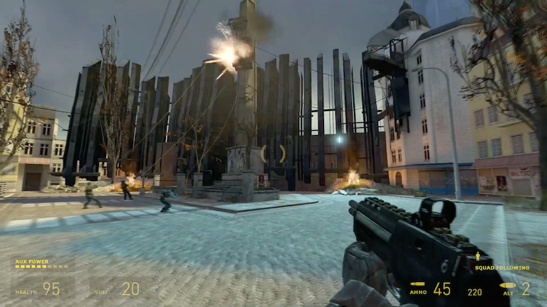 Resistance members bringing down a propaganda billboard in the game Half-Life 2, chapter Anticitizen One.